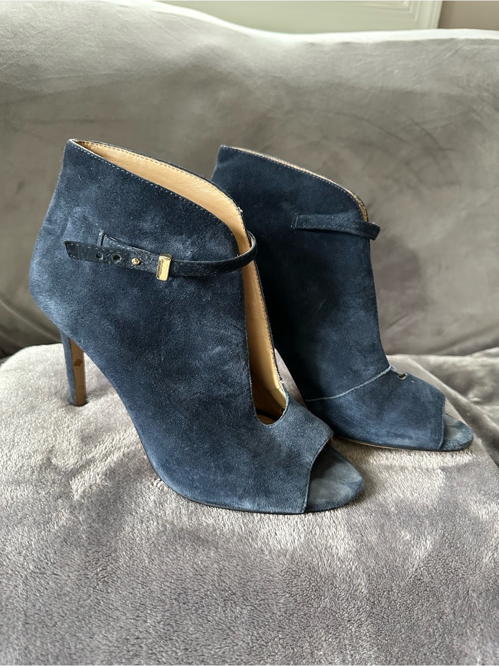 Ann Taylor Navy Suede Open-Toe Ankle Booties